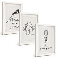 BILDER SET 3er Set - 20x30 cm Weißer Rahmen - Champagner-Wein-Linienzeichnung - Weiß, Kunststoff (20/30cm) - TULUP