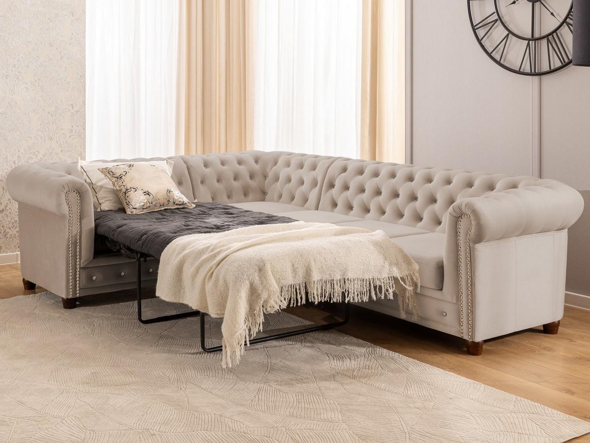 ECKSOFA mit Schlaffunktion Chesterfield Beige Samt mit Kristallsteppung und braunen Massivholzfüßen - Ottomane Links - Beige/Braun, Holz/Textil (264/210cm) - S-Style