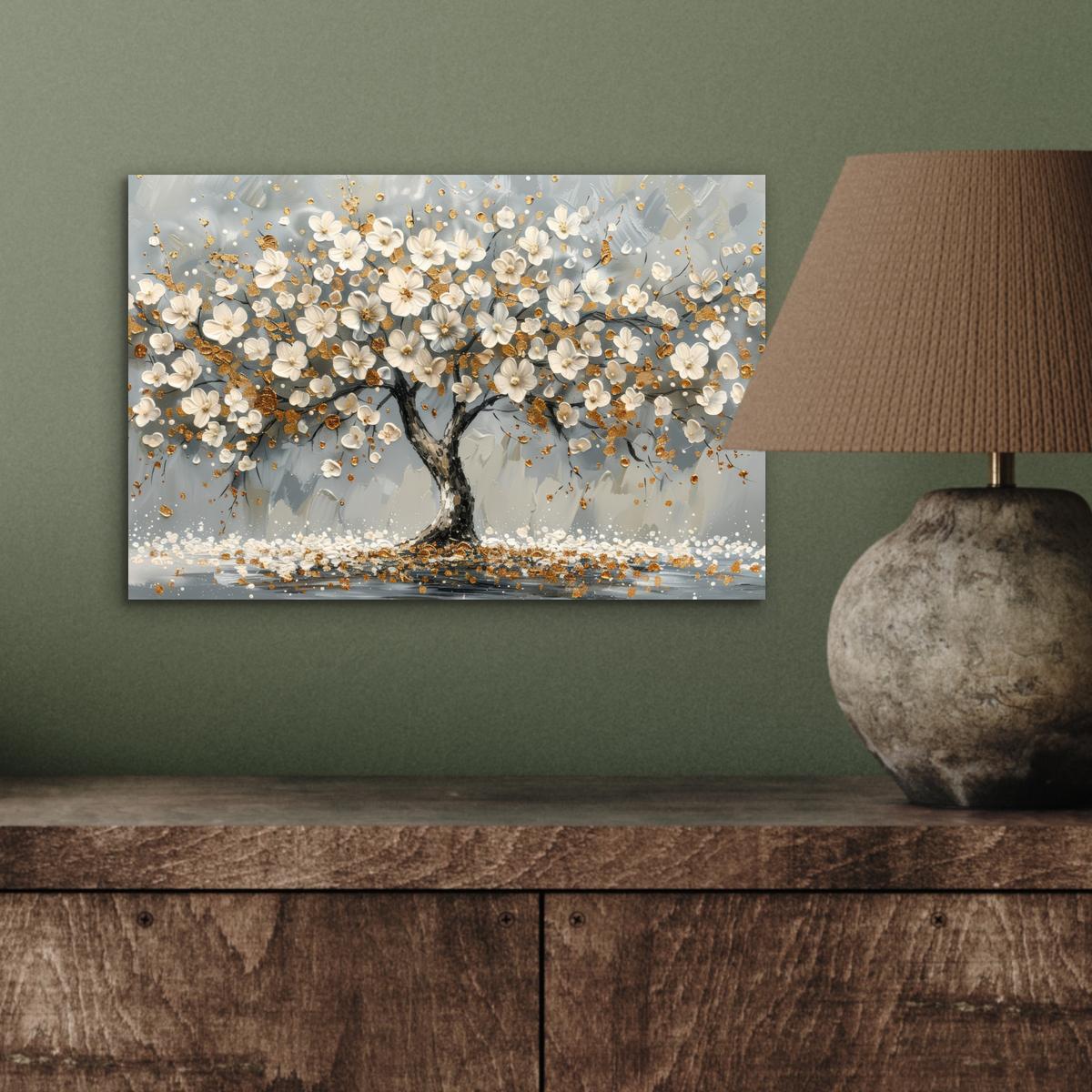 METALLBILD Baum - Blumen - Weiß - Natur - Kunst 30x20 cm - Weiß, Metall (30/20cm) - MuchoWow