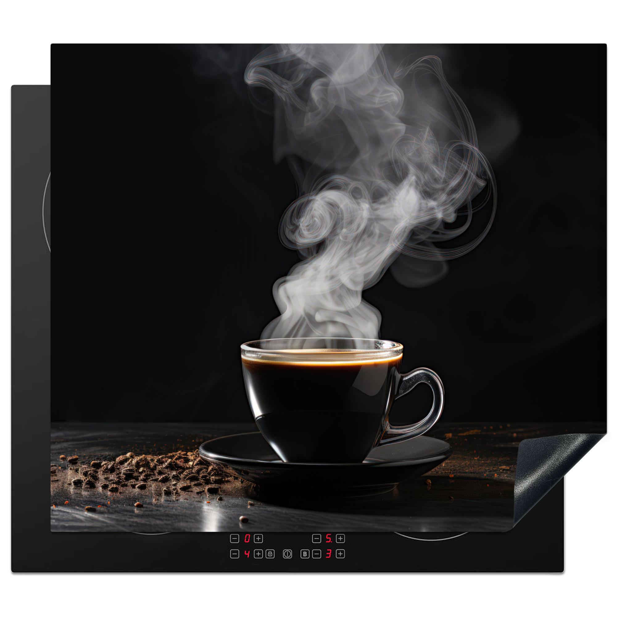 HERDABDECKPLATTE Kaffee - Schwarz - Bohnen - Heiß - Tasse Herdabdeckung Induktionsfeld 60x52 cm - Schwarz, Kunststoff (60/52/0.2cm) - MuchoWow