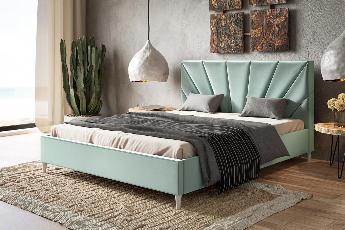 POLSTERBETT LUX Denver mit Kopfteil, 180 x 200 cm, Doppelbett mit Lattenrost aus Holz, Velourstoff Hellgrün, Füße in Farbe: Weiß - Hellgrün, Holz/Textil (180/200cm) - Alpi-Möbel