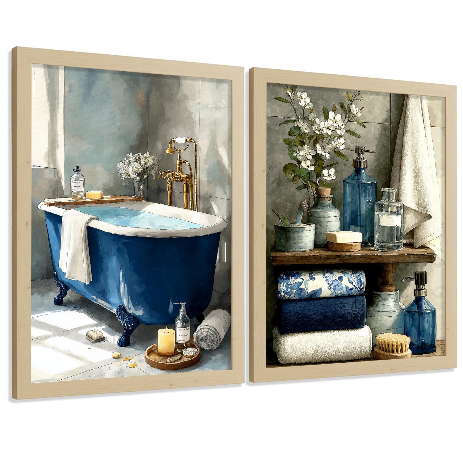 POSTER 2er-Set dekorative Badezimmer-Poster, moderne Wandbilder für Waschbecken, elegante Dekoration mit blauer Badewanne Leichter Holzrahmen A3 - Beige, Papier (42/29.7/3cm) - Nacnic