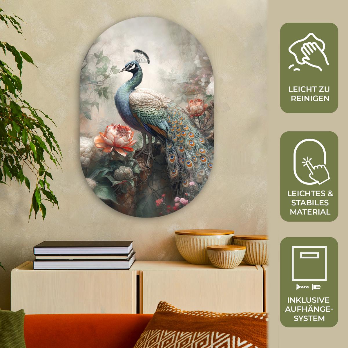 WANDBILD Pfau - Pfauenfedern - Vogel - Dschungel - Blumen Wanddeko Schlafzimmer 60x90 cm - Smaragdgrün, Kunststoff (60/90cm) - MuchoWow