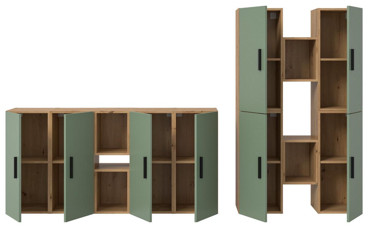 WOHNWAND grün, Eiche Artisan 259 x 184 cm, Wohnkombination hängend / stehend - Schwarz/Eiche Artisan, Holzwerkstoff/Kunststoff (259/151/34cm) - Inn.Furn