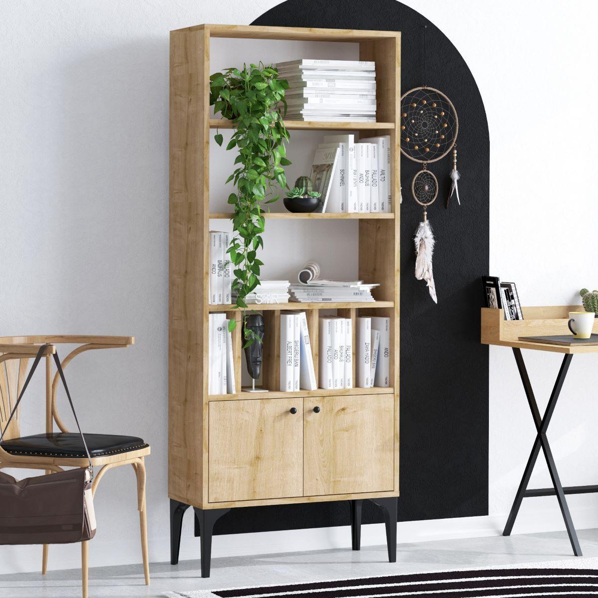 REGAL Bücherregal 8 Regale 2 Türen Eiche Saphir Dekor H175 cm - Pollux - Eschefarben, Holzwerkstoff (30/175/11cm) - Calicosy
