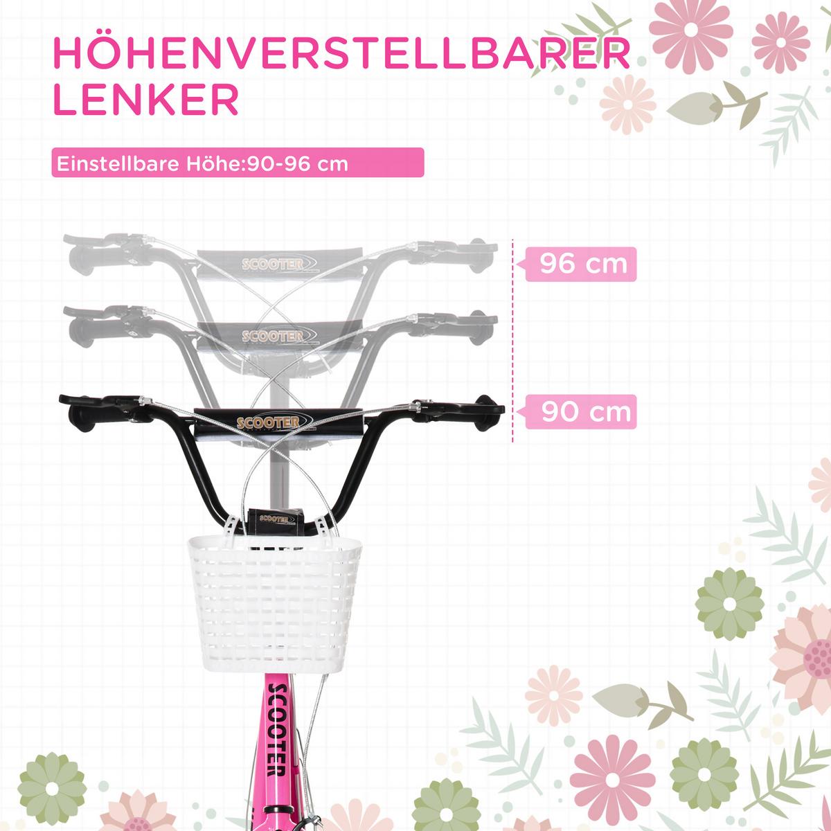KINDERROLLER Scooter Tretroller mit Bremse Korb höhenverstellbar Gummi Rosa - Rosa, Metall (139/58/96cm) - HOMCOM