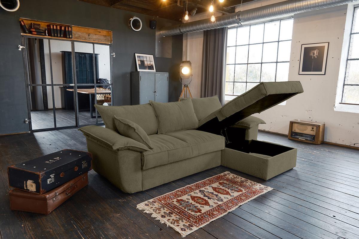 ECKSOFA DAMETO Grün Cord Mit Schlaffunktion - Schwarz/Olivgrün, Kunststoff/Textil (266/174cm) - KAWOLA