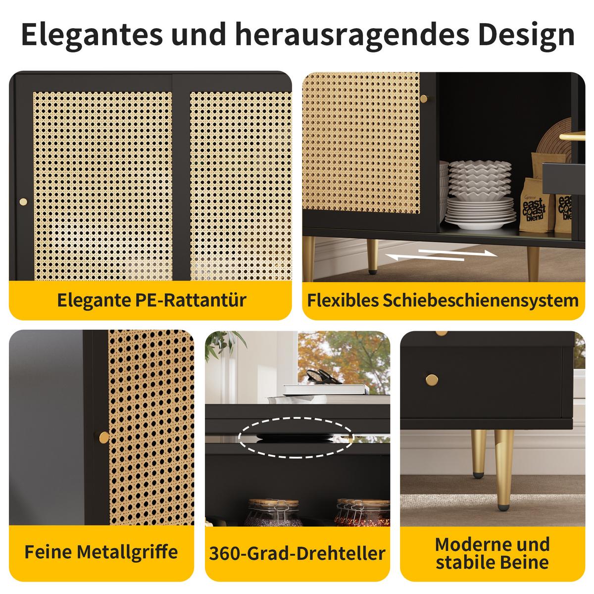 BÜROTISCHE mit Rattan-Türen, 187/40/76cm - Schwarz, Holzwerkstoff (187/40/76cm) - Urban Meuble