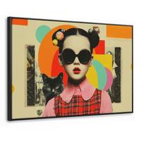 LEINWAND Bilder mit Rahmen - Mädchen - Sonnenbrille - Katze - Retro - 90x60 - Beige, Textil (90/60cm) - MuchoWow