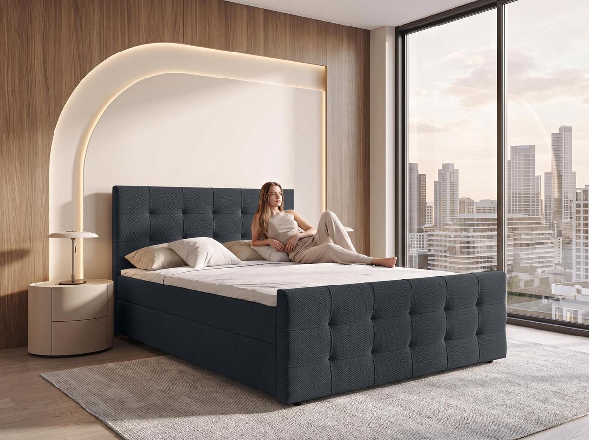BOXBETT DEFNE 140x200 cm mit Fußteil und Matratze - Schwarz + TOPPER - Schwarz, Holz/Holzwerkstoff (140/200cm) - AX Living