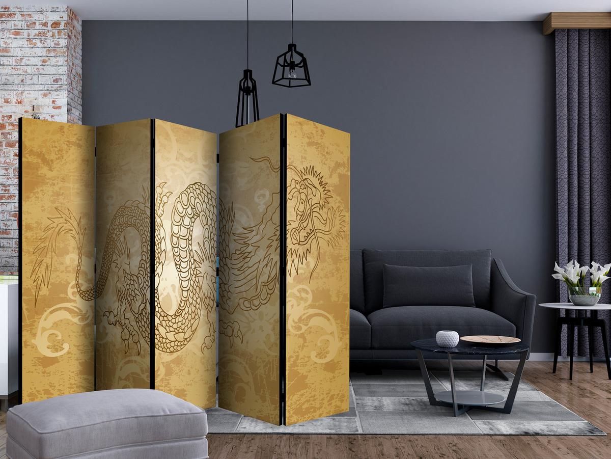 PARAVENT Einseitig Bedruckter 5-tlg 225x172 cm Drache Ornamenten - Gelb, Holz/Textil (225/172/3cm) - Muralo