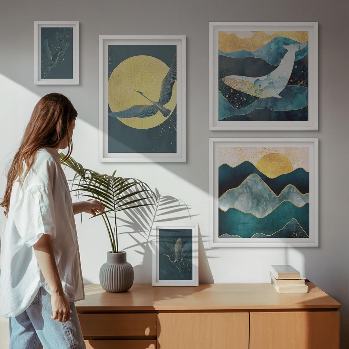 BILDER SET 5er Set - 50x50 cm & 20x30 cm & 40x60 cm Weißer Rahmen - Vögel, Kraniche, Mond, Berge - Weiß, Kunststoff (40/60cm) - TULUP