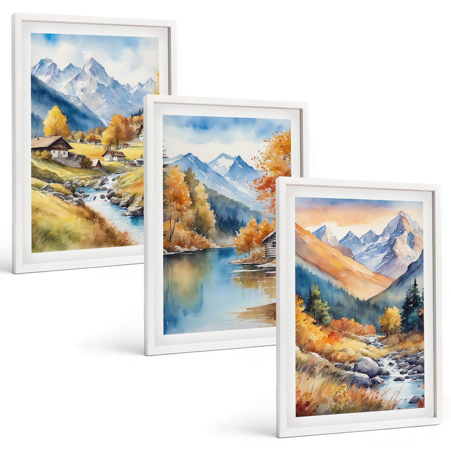 BILDER SET 3er Set - 40x60 cm Weißer Rahmen - Herbstliche Berge, Flusshäuser - Weiß, Kunststoff (40/60cm) - TULUP