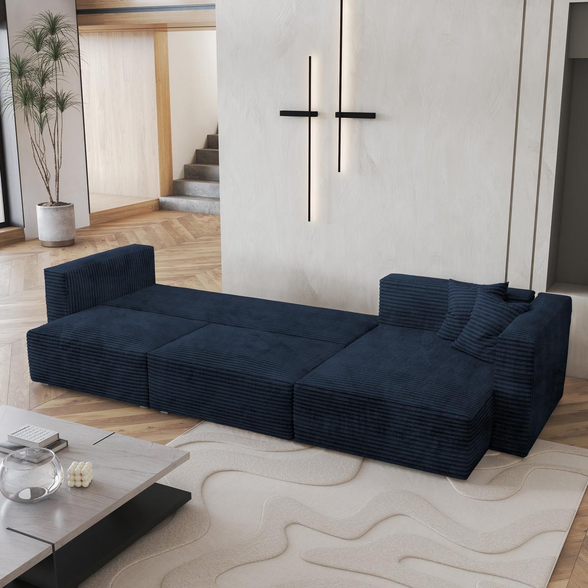 ECKSOFA TOLMO Blau Kordstoff mit Schlaffunktion - Blau/Grau, Holz/Kunststoff (347/148cm) - MASSENO