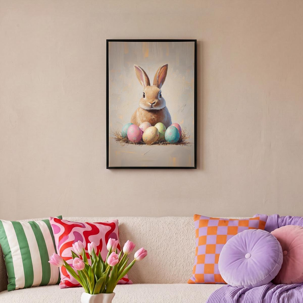 LEINWAND Bilder mit Rahmen - Osterhase - Pastell - Eier - 40x60 - Beige, Textil (40/60cm) - MuchoWow