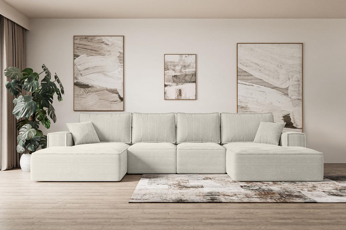 WOHNLANDSCHAFT mit Schlaffunktion und Bettkasten SIERRA-U-S - 349x161x87 cm Creme Cord - Hellgrau/Creme, Holzwerkstoff/Kunststoff (349/87/161cm) - ALTDECOR