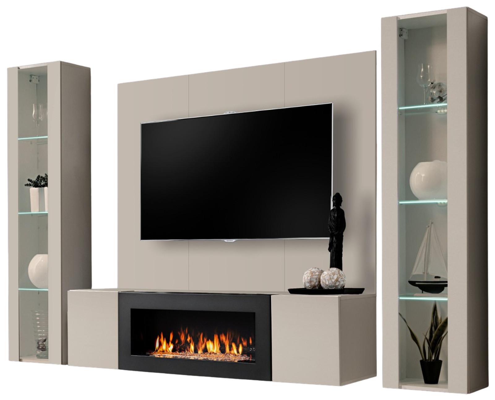 WOHNWAND Kaschmir 4-teilig 260 cm hängend, Schrankwand mit LED-Beleuchtung und Ethanol Kamin - Kaschmir, Glas/Holzwerkstoff (260/170/40cm) - Inn.Furn
