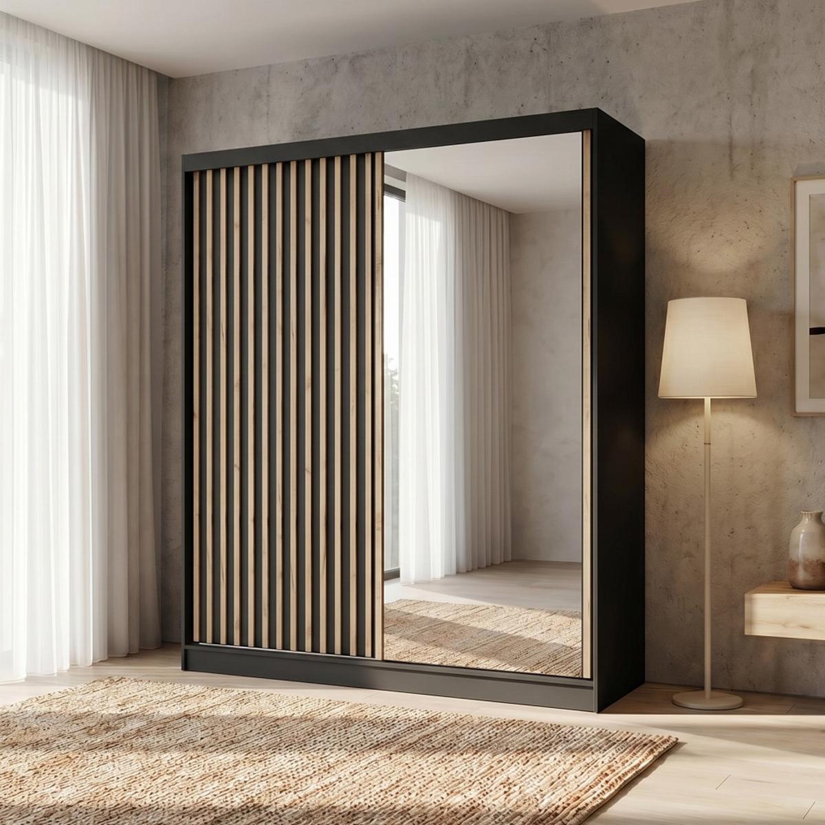 SCHWEBETÜRENSCHRANK Donatello mit 2 Türen. 180 cm, Schwarz+eiche Artisan - Schwarz/Eiche Artisan, Holzwerkstoff (180/205/60cm) - Beautysofa