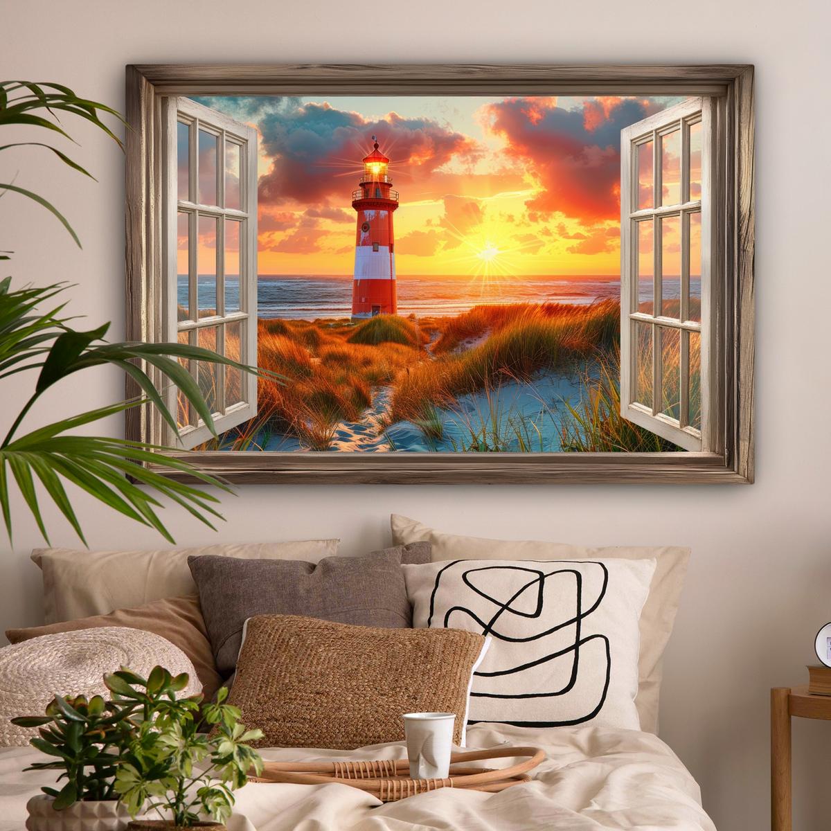 LEINWANDBILD Aussicht - Fenster - Leuchtturm - Sonnenuntergang - Strand Wohnzimmer Groß 120x80 cm - Dunkelorange, Textil (120/80cm) - MuchoWow