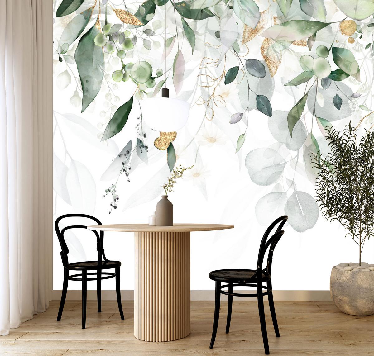 FOTOTAPETE Aquarell Blätter Pflanzen Natur 250x175 - Gelb/Beige, Papier (250/175cm) - Muralo
