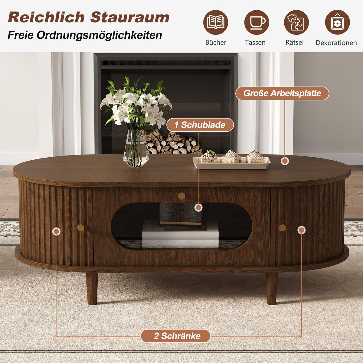 COUCHTISCH walnuss rolltür schublade stauraum - Walnussfarben, Holzwerkstoff (50/100/36cm) - Urban Meuble