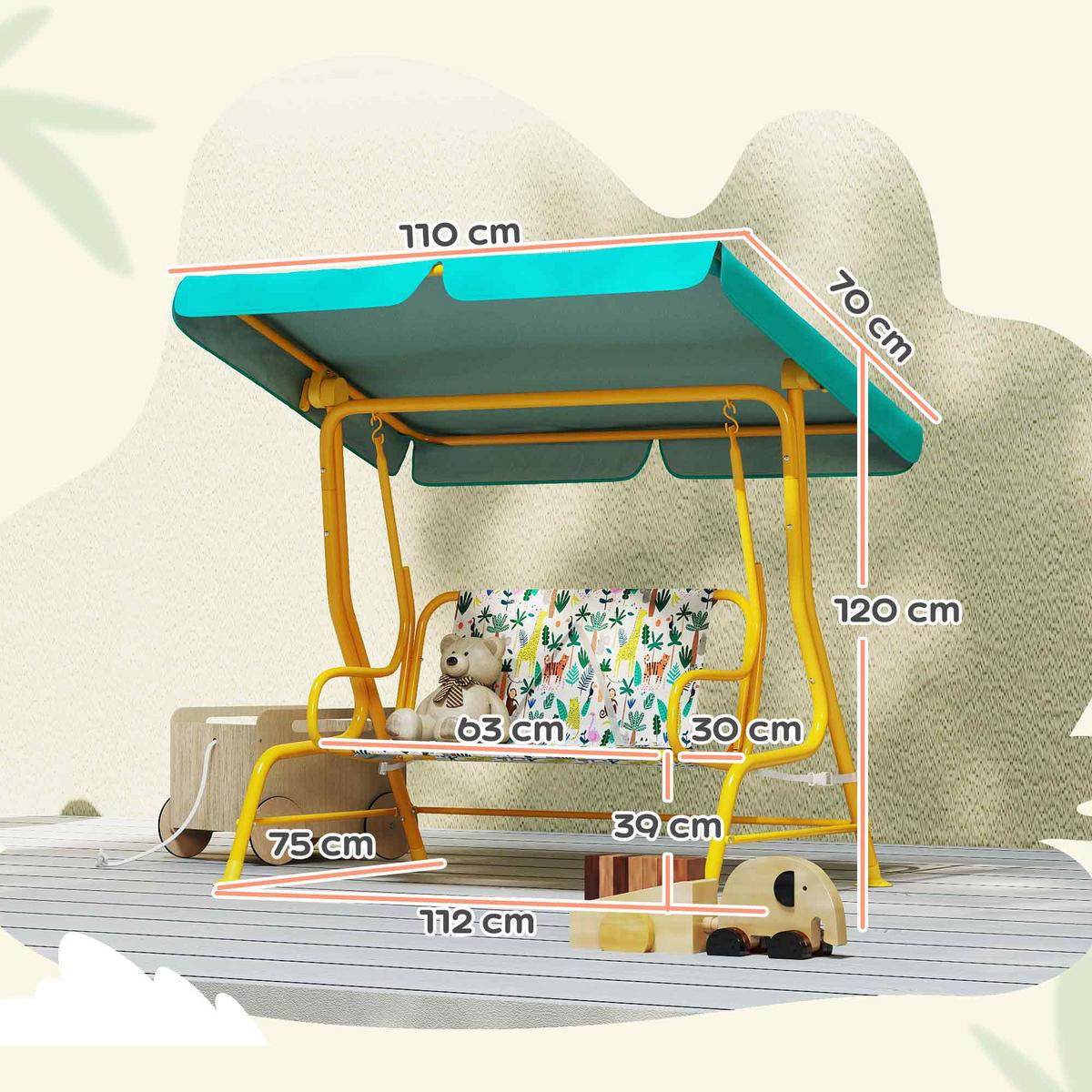 KINDER Hollywoodschaukel, 2-Sitzer Kinderschaukel mit verstellbarem Sonnendach - Gelb/Grün, Textil/Metall (75/120/112cm) - AIYAPLAY