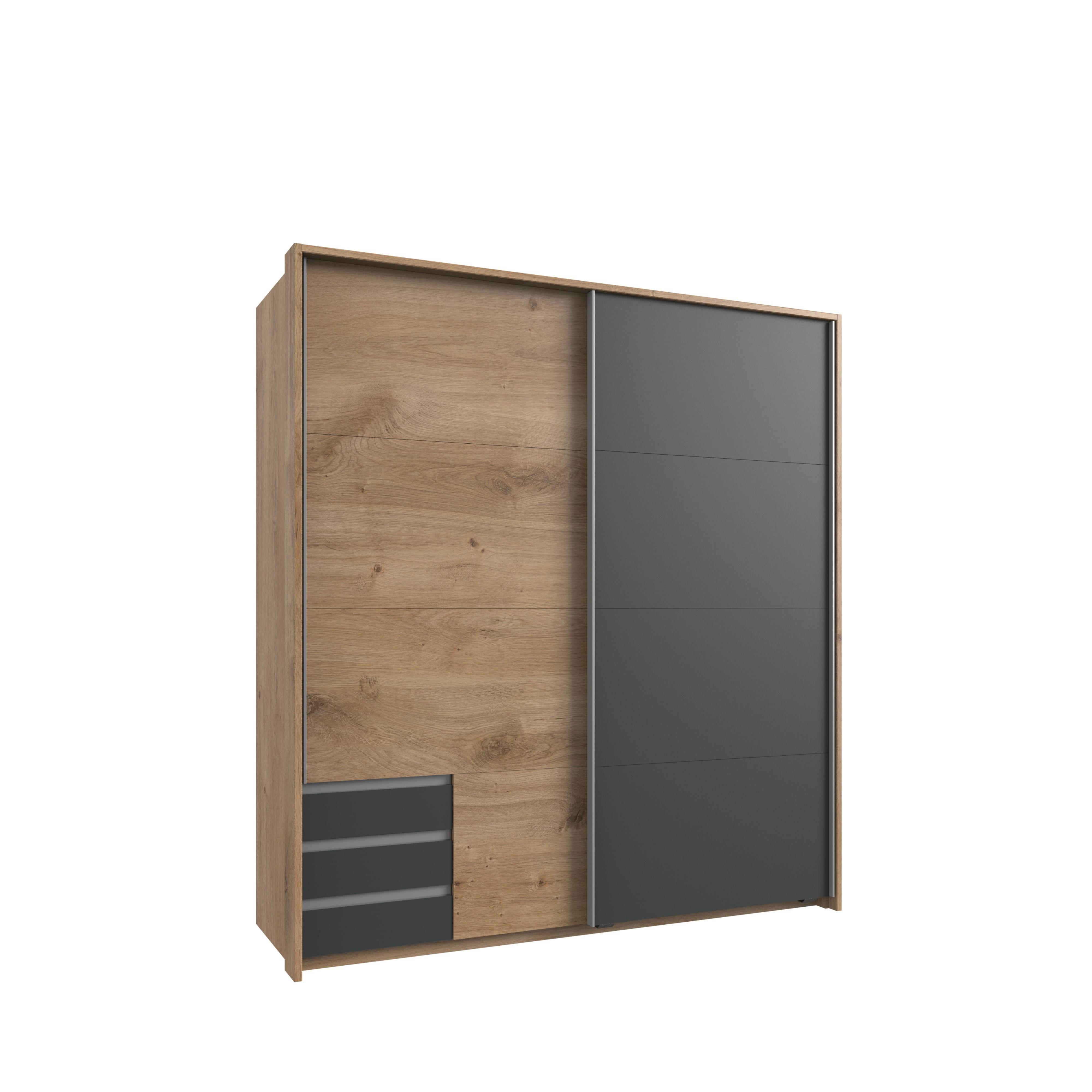 SCHWEBETÜRENSCHRANK 2-türig B183/H200/T65 cm, Passepartout-Kleiderschrank in Eiche Dekor, 1x Tür & sichtbare Schubkästen in Grafit / 22699 - Eichefarben/Graphitfarben, Holz/Holzwerkstoff (183/200/65cm) - luma-home