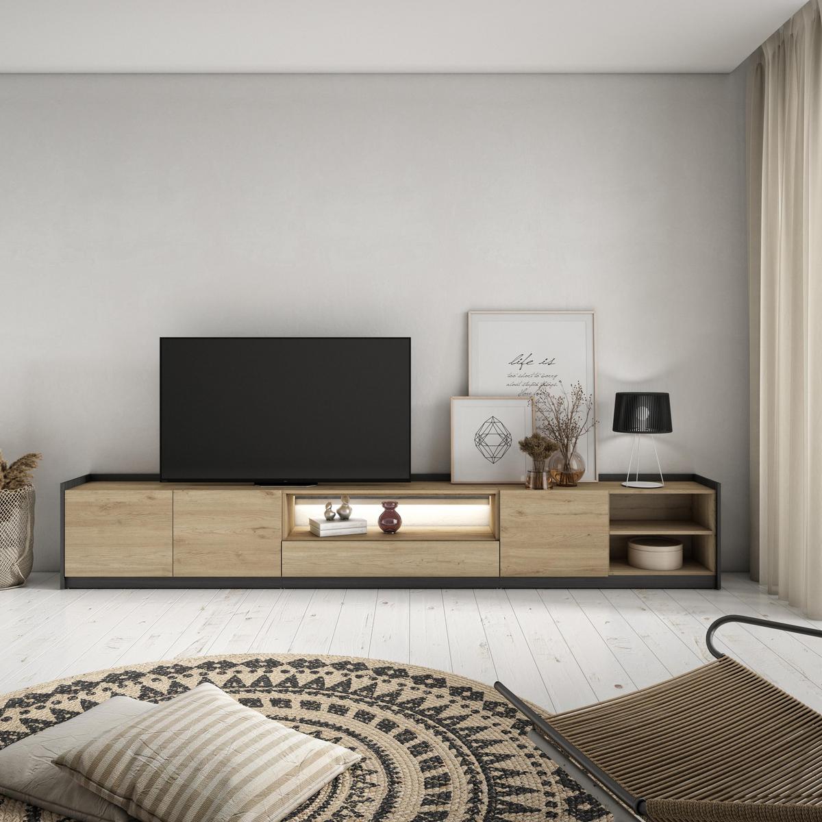 LOWBOARD, Eiche und Schwarz, 310/37/50cm, mit Led - Eichefarben, Holzwerkstoff (310/50/37cm) - Skraut Home