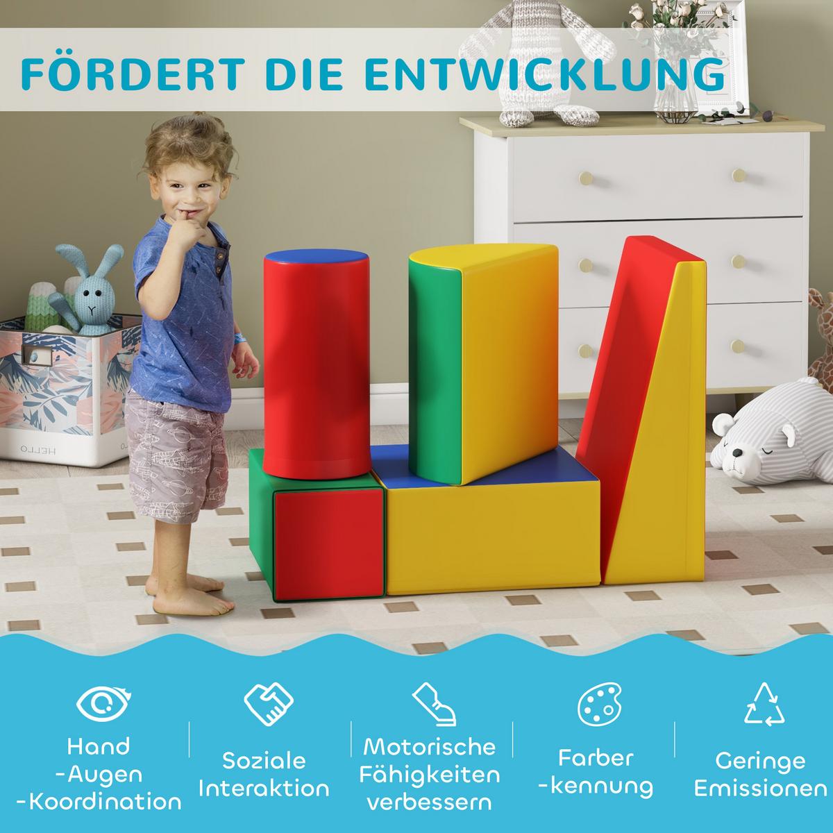 BAUSTEINSET 5er-Set Schaumstoff Bausteine Bauspielzeug für 1-3 Jahre alt Kinder - Multicolor, Textil (40.6/20.3/40.6cm) - HOMCOM