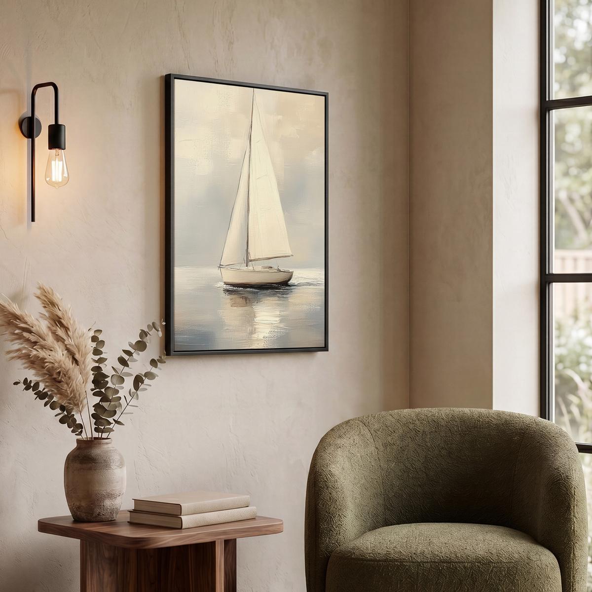 LEINWAND Bilder mit Rahmen - Segelschiff - Meer - Bewölkt - 60x80 - Creme, Textil (60/80cm) - MuchoWow