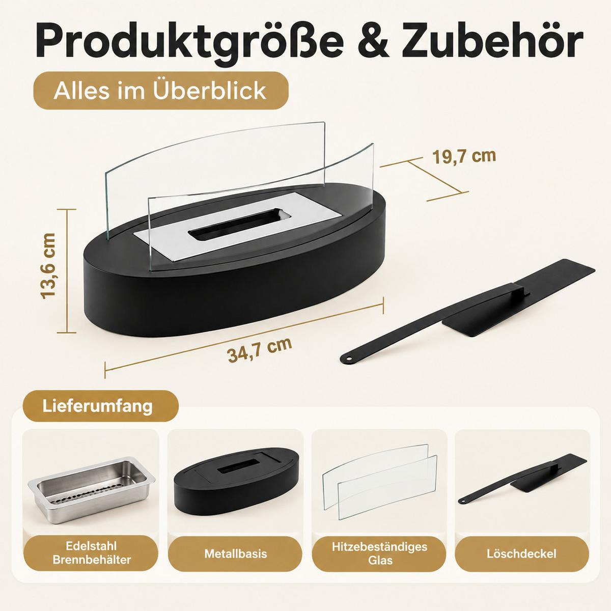 TISCHKAMIN Jyxnal 34.7/19.7/13.6 cm - Schwarz, Glas/Metall (19.7/13.6/34.7cm) - ZMH