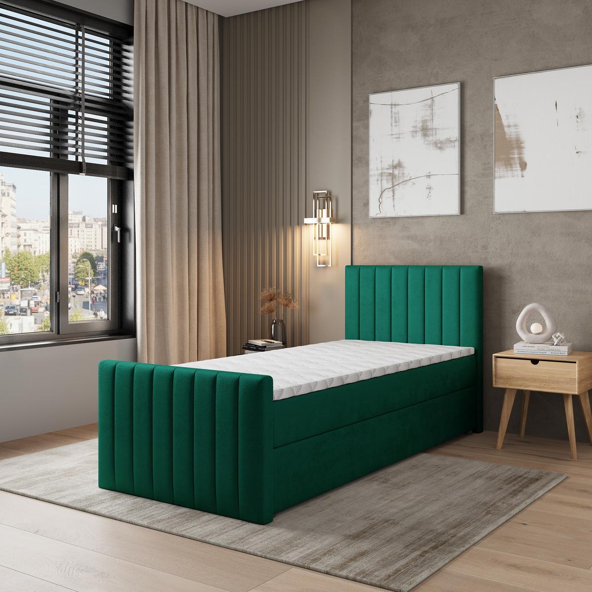 BOXBETT ARION 100 100x200 cm mit Matratze und Topper, H2+H3 - Grün - Grün, Holz (100/200cm) - MASSENO