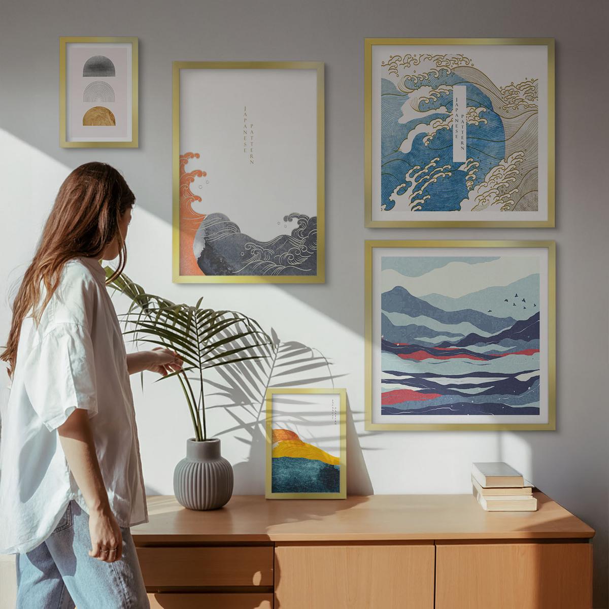 BILDER SET 5er Set - 50x50 cm & 20x30 cm & 40x60 cm Goldrahmen - Stilvolle moderne Blumen - Goldfarben, Kunststoff (40/60cm) - TULUP