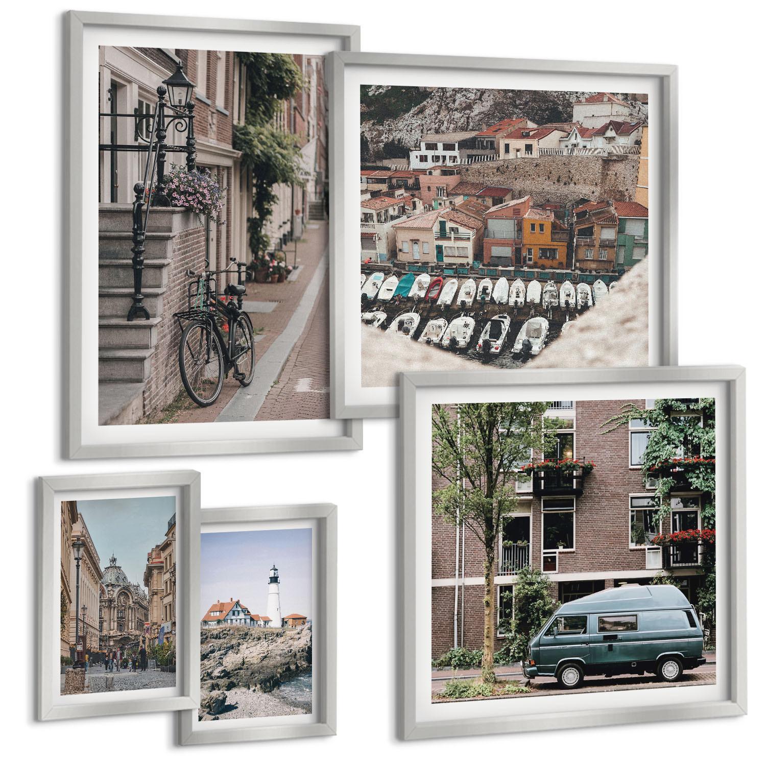 BILDER SET 5er Set - 50x50 cm & 20x30 cm & 40x60 cm Silberner Rahmen - Elegante Muster auf Steinen - Silberfarben, Kunststoff (40/60cm) - TULUP