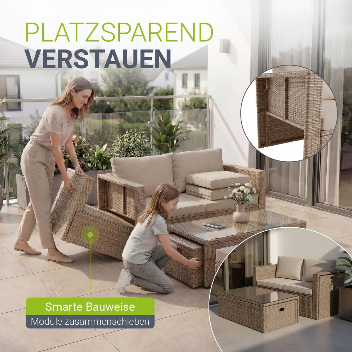 LOUNGEGARNITUR Salou inkl. Abdeckung beige - Beige, Kunststoff - Juskys