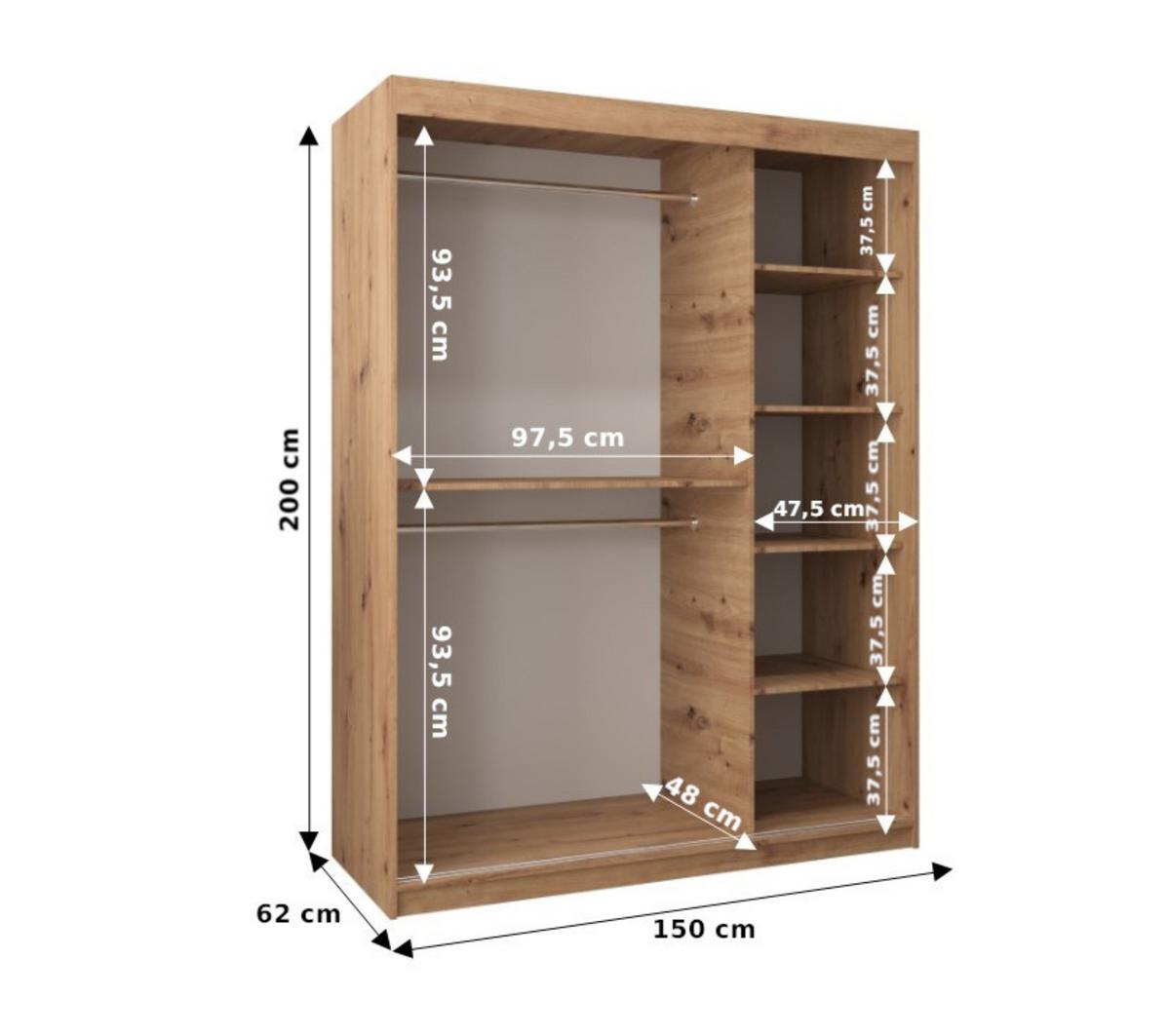 SCHWEBETÜRENSCHRANK 200/150/62 2-türig - Silberfarben/Sonoma Eiche, Holz/Kunststoff (150/200/62cm) - MÖBEL KRYSPOL