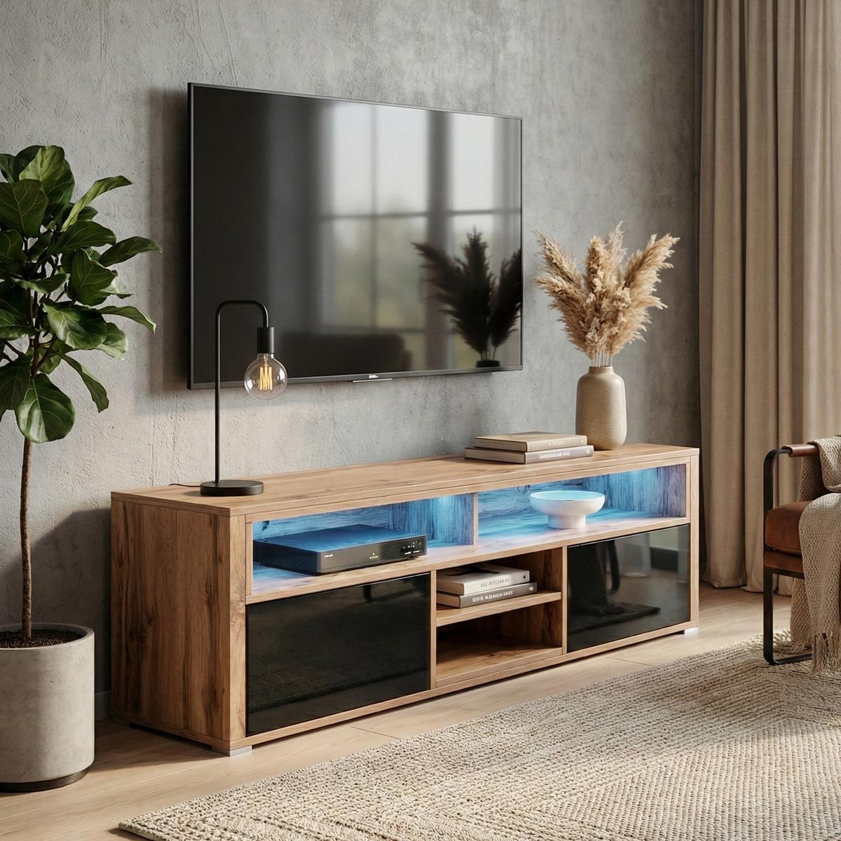TV-ELEMENT Bella mit 2 Türen und offenem Regal, eiche Wotan+schwarz glänzend - Eichefarben/Schwarz, Holzwerkstoff (137/42.5/33cm) - Beautysofa