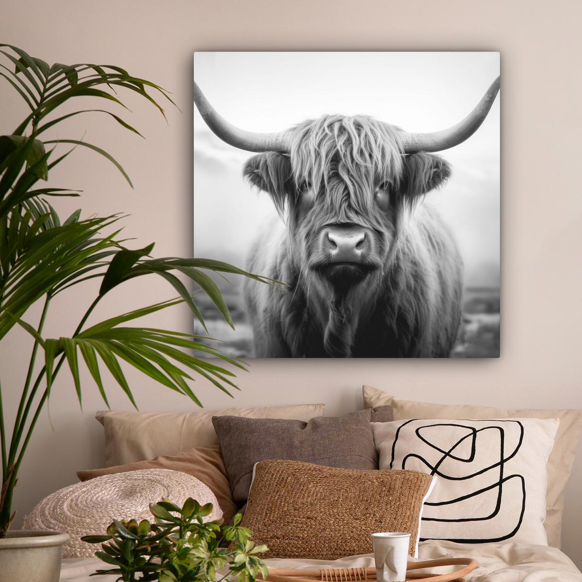 LEINWANDBILD Schottischer Highlander - Nebel - Schwarz - Weiß Deko Groß 90x90 cm - Grau, Textil (90/90cm) - MuchoWow