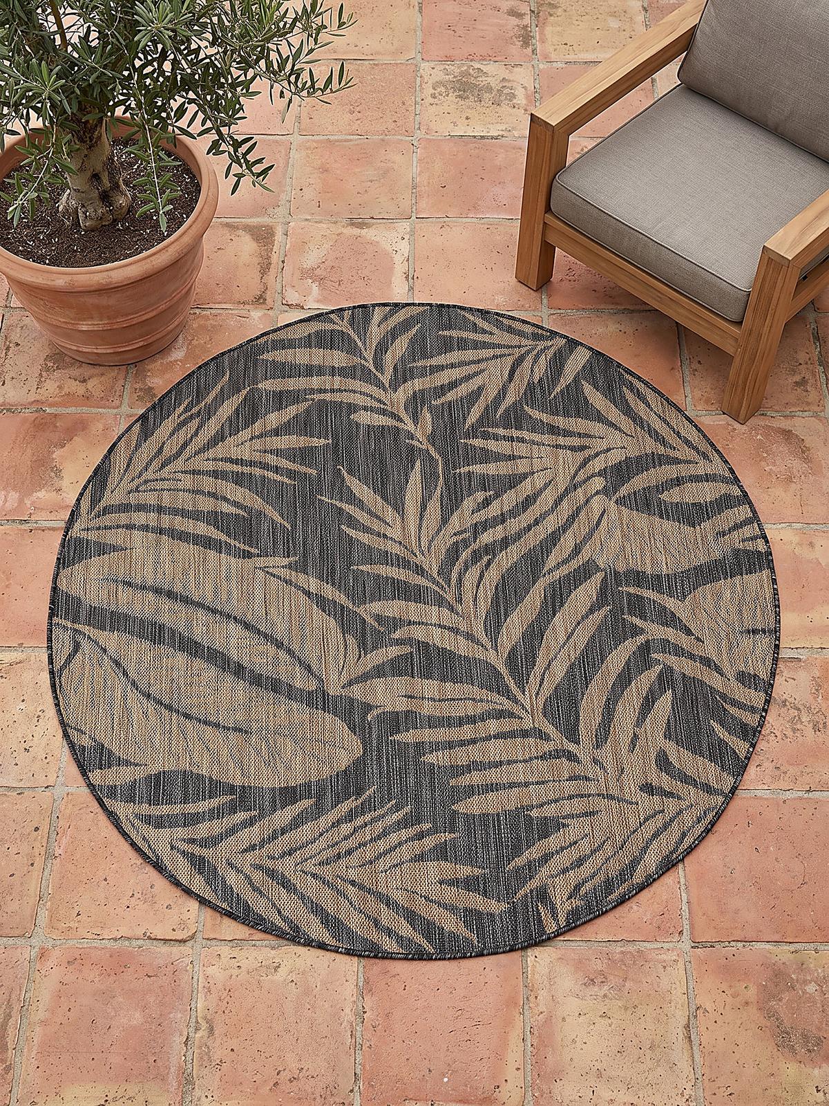 TEPPICH Flachgewebe, Outdoor, Fußbodenheizung-geeignet, mit Blattmotiv, VIGOLENO in Schwarz-Beige, Ø 120 cm - Schwarz, Textil (120/120cm) - KADIMA DESIGN