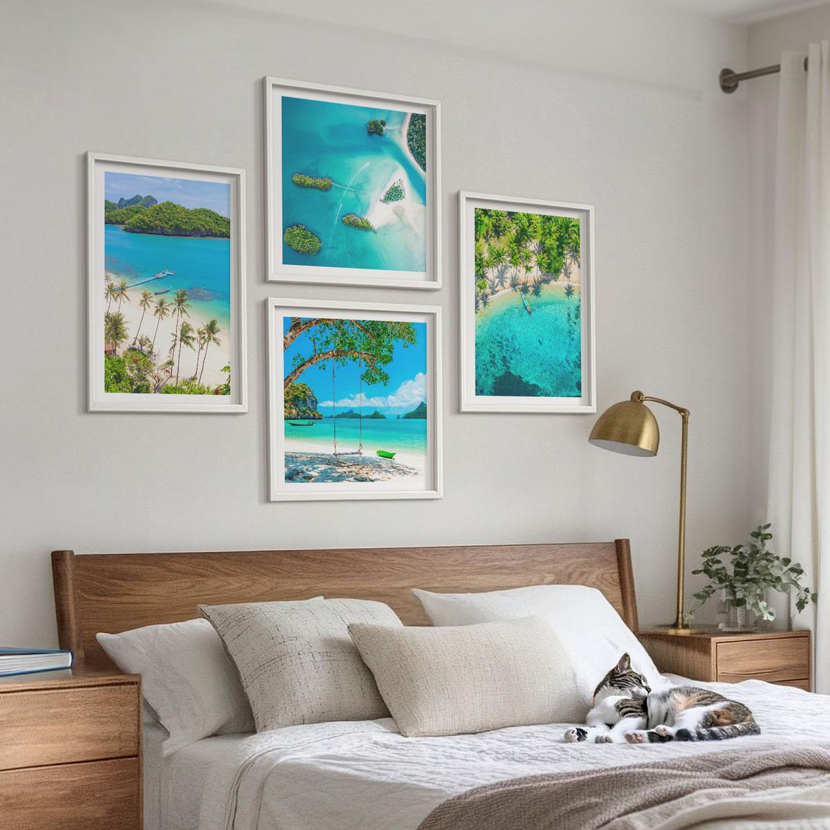 BILDER SET 4er Set - 50x50 cm & 40x60 cm Weißer Rahmen - Strände, Palmen, kristallklares Wasser - Weiß, Kunststoff (50/50cm) - TULUP