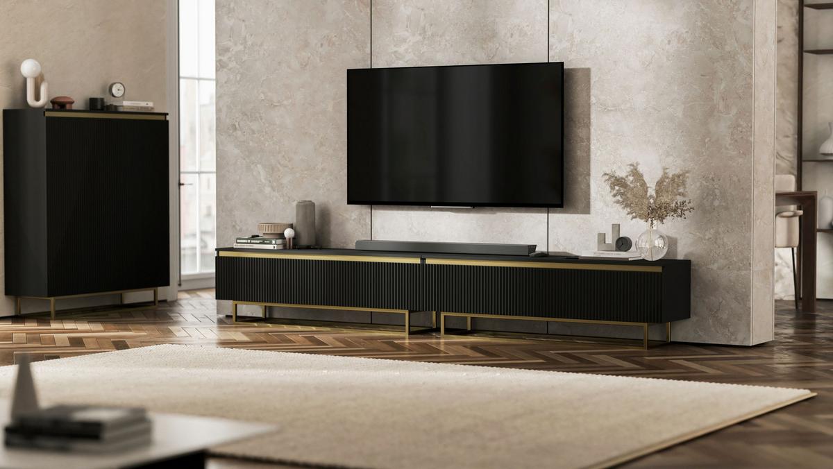 TV-LOWBOARD 2-er Set Selene Glamour Schwarz Matt mit Metallrahmen 140 cm - Goldfarben/Schwarz, Holzwerkstoff/Metall (280/44/35cm) - Meble Lindner