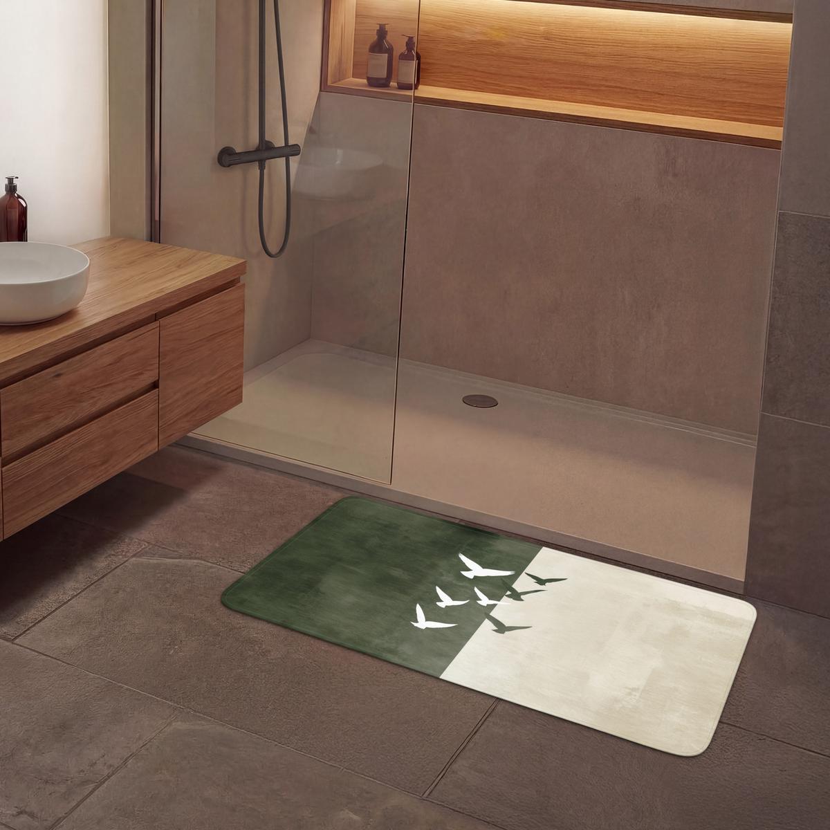 BADEMATTE Japandi - Vogel - Grün 120x60 cm - Olivgrün, Textil (120/60cm) - OnlyWow