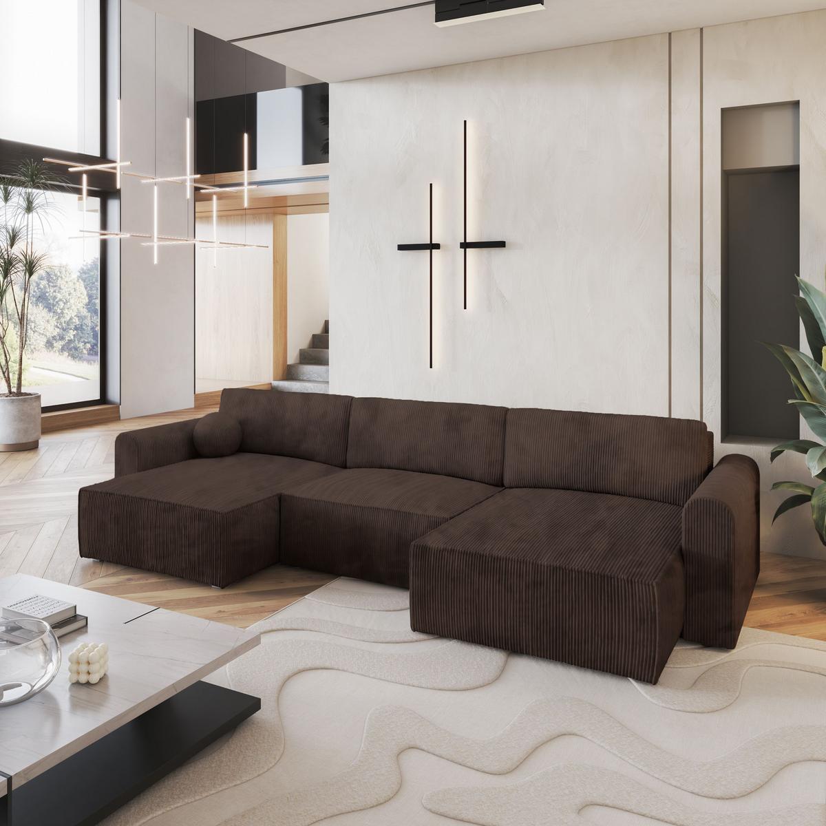 WOHNLANDSCHAFT FENTO P Braun Kordstoff mit Schlaffunktion - Braun/Grau, Holz/Kunststoff (347/90/148cm) - MASSENO
