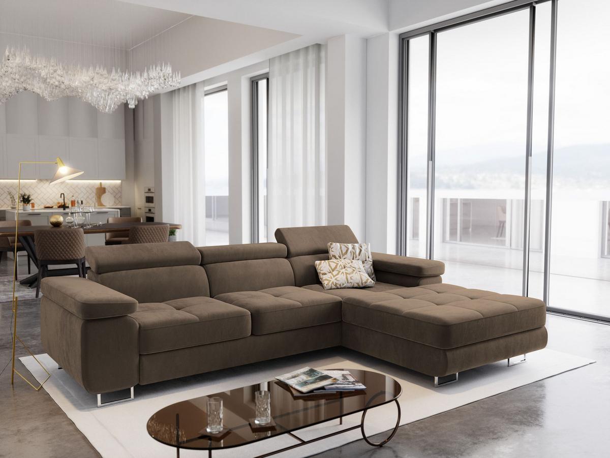ECKSOFA ELMA R-S Beige Velours-Stoff mit Schlaffunktion - Beige/Silberfarben, Holz/Textil (280/205cm) - MASSENO