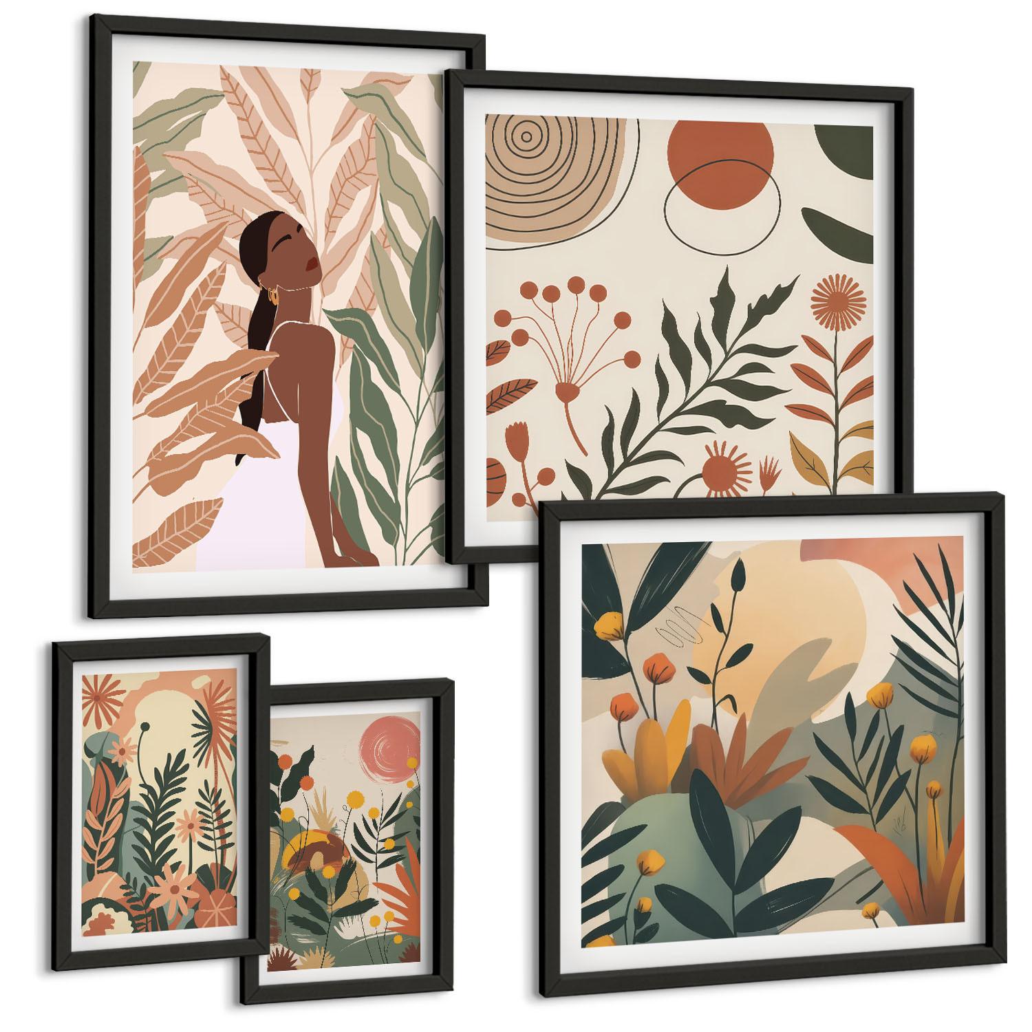 BILDER SET 5er Set - 50x50 cm & 20x30 cm & 40x60 cm Schwarzer Rahmen - Pflanzenmotive in Farben - Schwarz, Kunststoff (40/60cm) - TULUP
