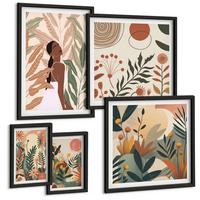 BILDER SET 5er Set - 50x50 cm & 20x30 cm & 40x60 cm Schwarzer Rahmen - Pflanzenmotive in Farben - Schwarz, Kunststoff (40/60cm) - TULUP