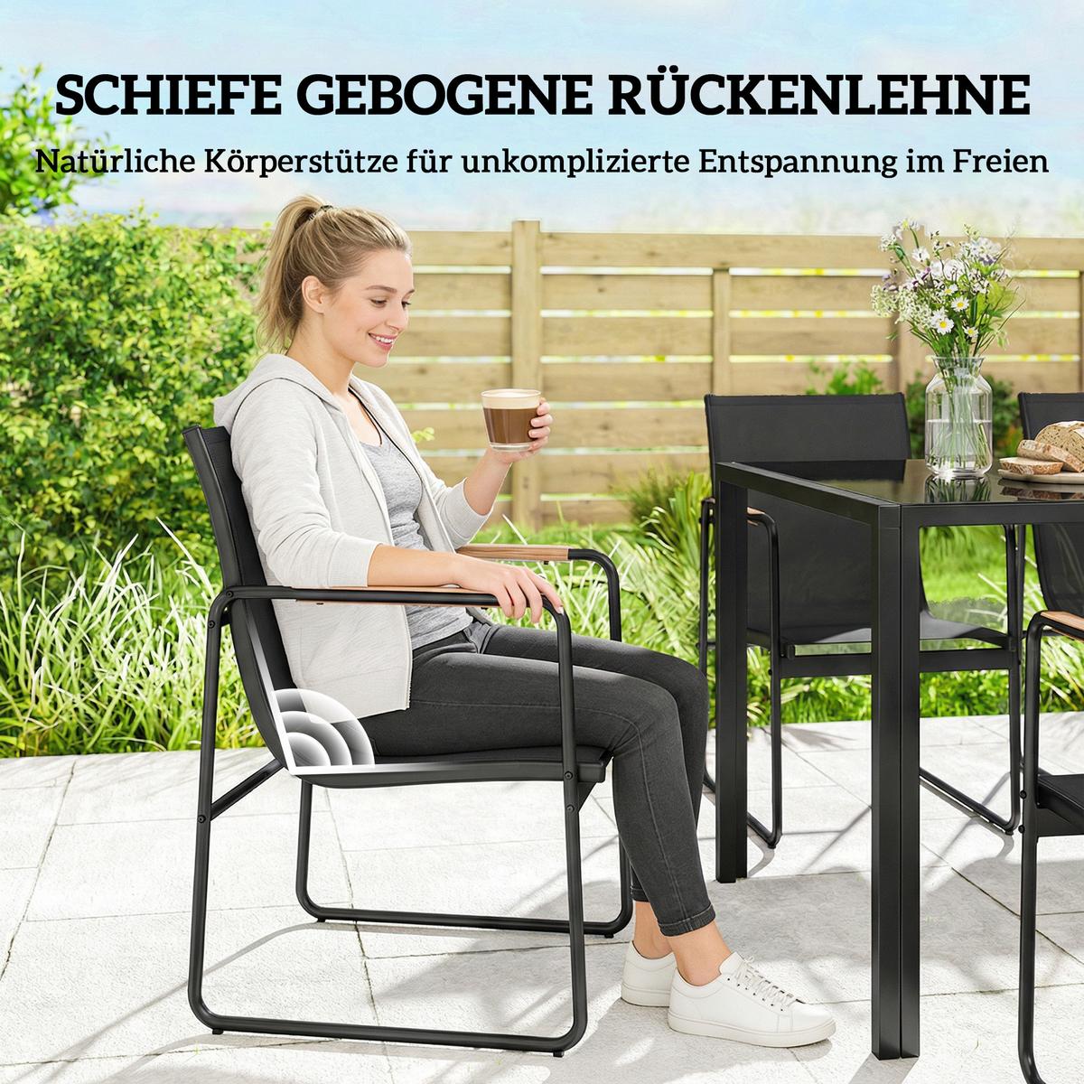 GARTENGARNITUR 7 TLG. Atmungsaktive Stühle Schwarz - Schwarz/Teakfarben, Metall - Outsunny