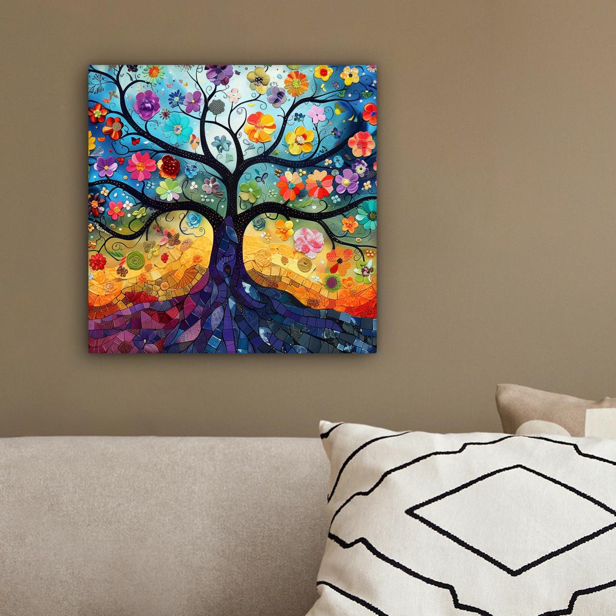 LEINWANDBILD Kunst - Baum des Lebens - Blumen - Hippie Deko Wohnzimmer 20x20 cm - Dunkelblau, Textil (20/20cm) - MuchoWow