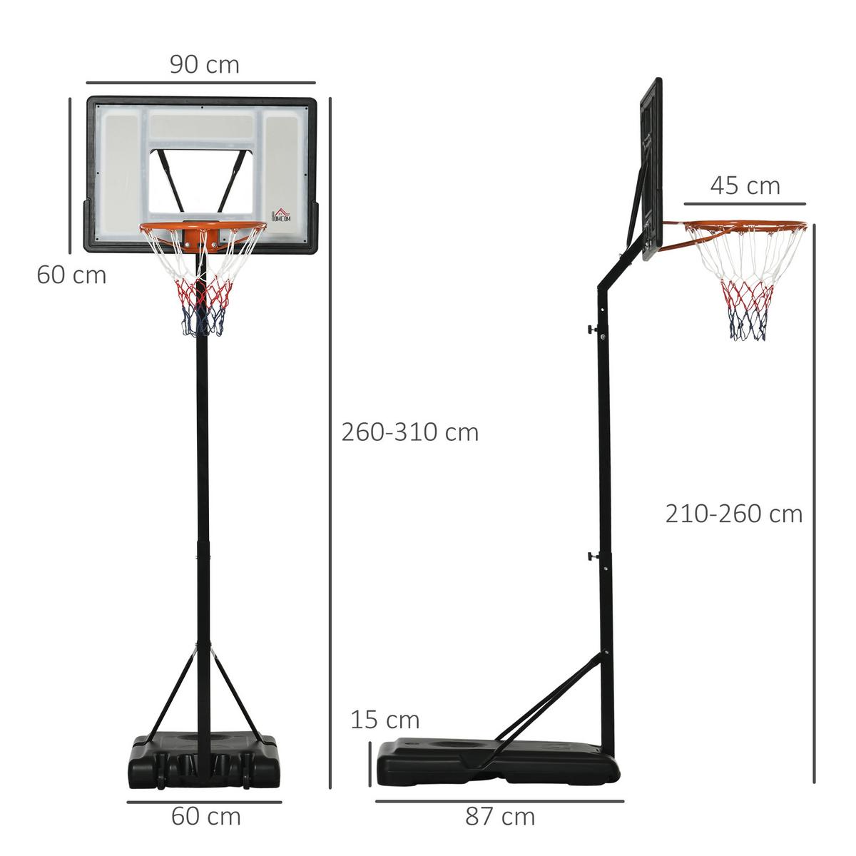 BASKETBALLSTÄNDER mit Rädern rollbar 210-260 cm höhenverstellbar Stahl Schwarz - Schwarz, Metall (60/90cm) - HOMCOM