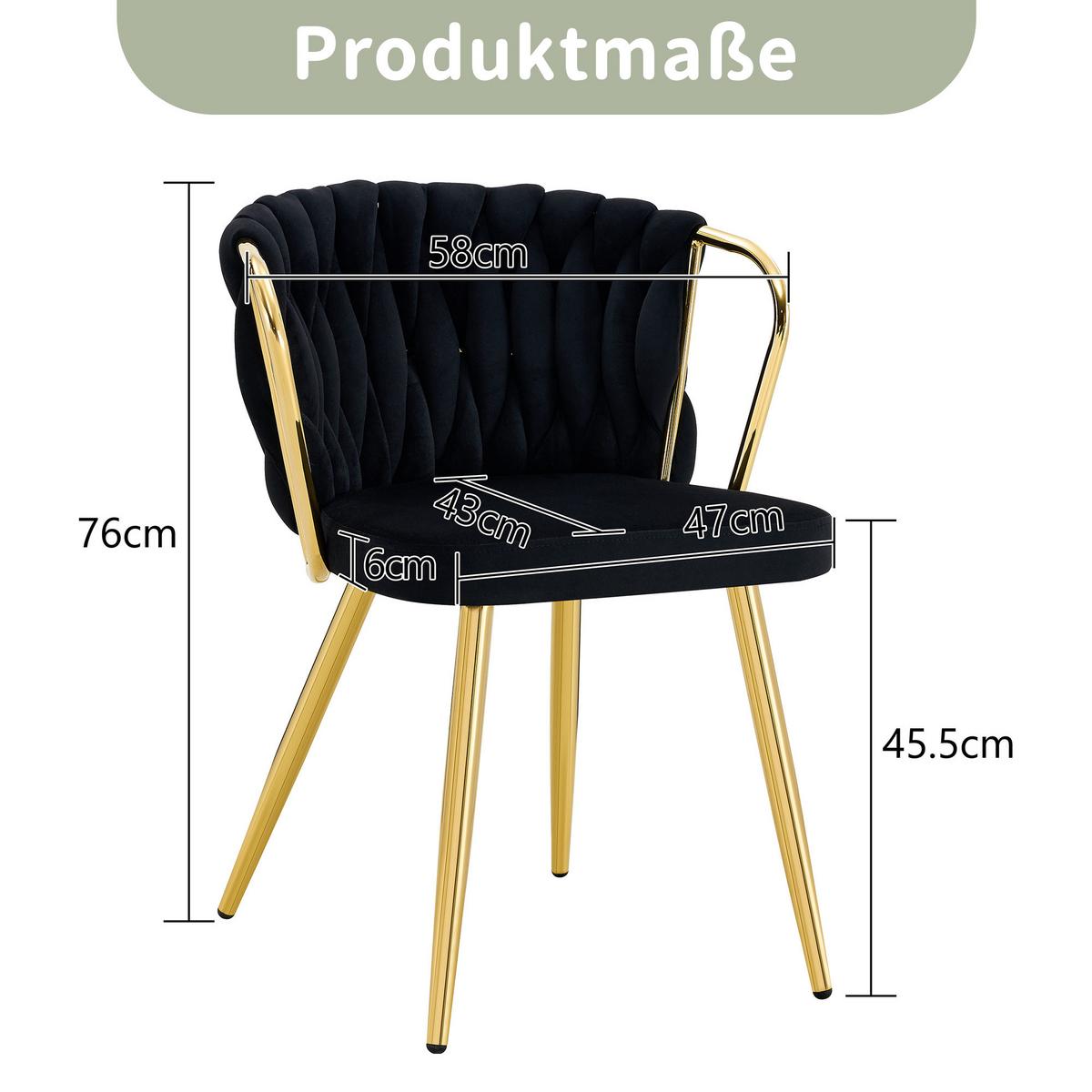 ESSZIMMERSTUHL 2ER-SET aus Samt mit goldenen Beinen, ergonomisch gepolstert - Schwarz, Textil (43/76/58cm) - Urban Meuble